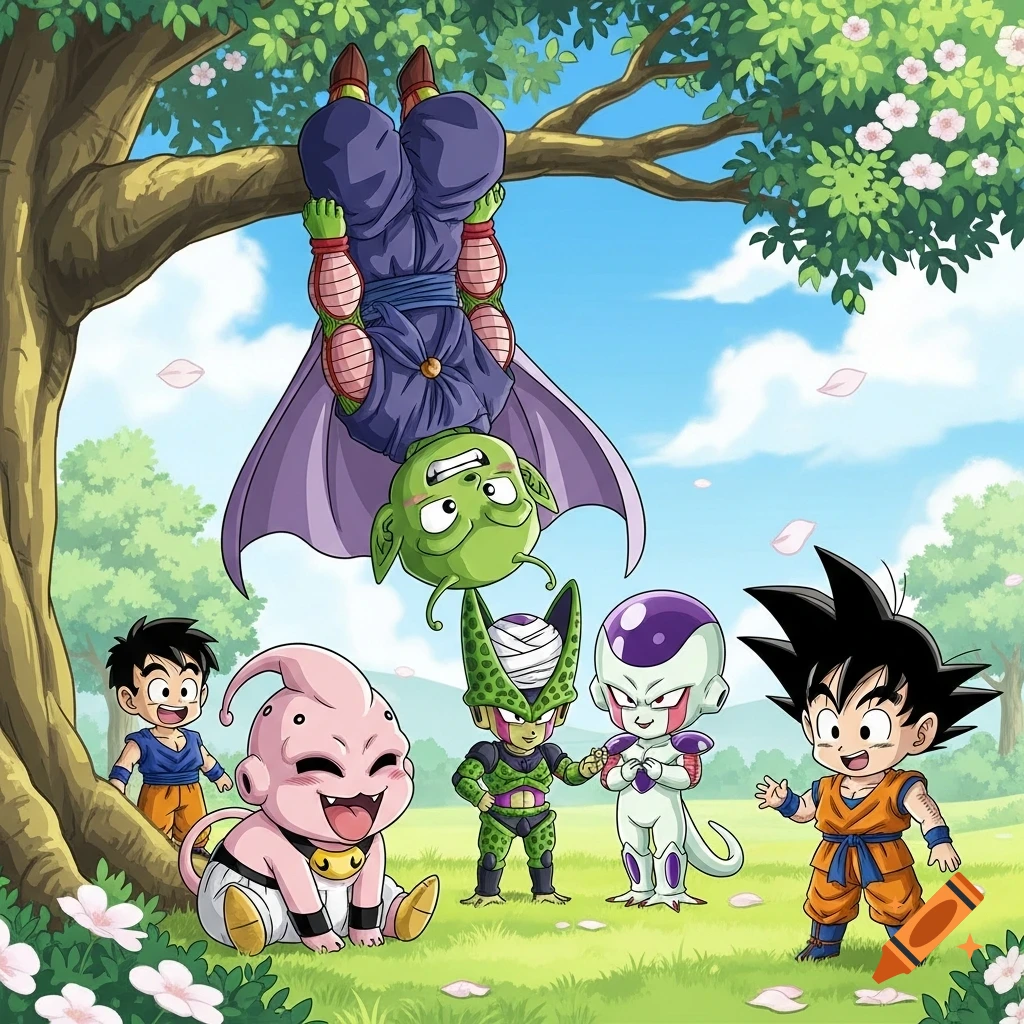 Chibi Dragon Ball characters: Piccolo hangs from a tree, Buu laughs on grass, Cell and Frieza pose, Gohan watches.