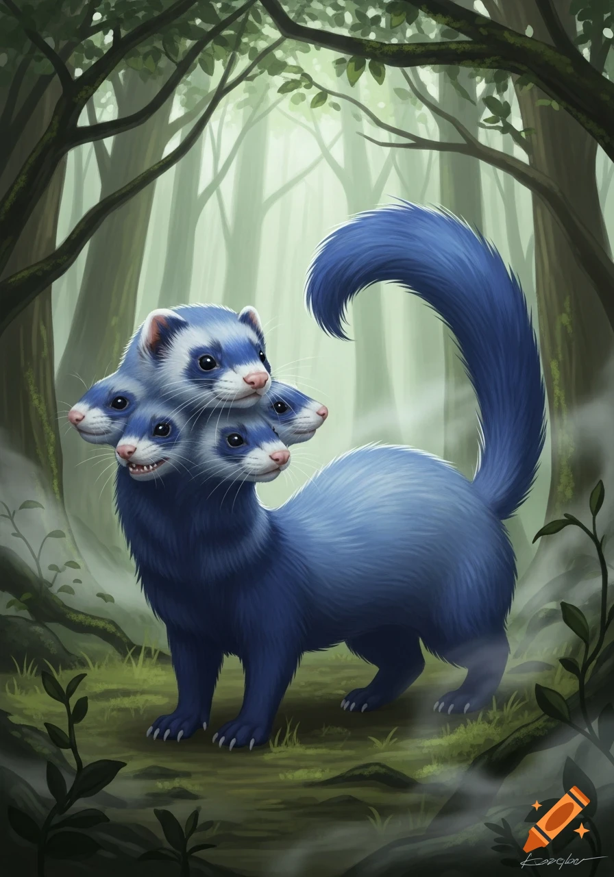 A mythical blue ferret-like creature with five heads and a bushy tail stands in a misty forest clearing, drawn in a digital painting style.