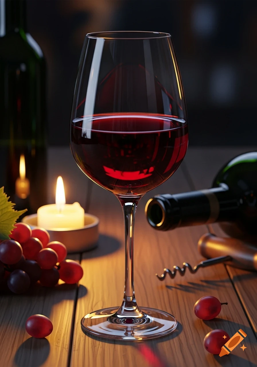 Photorealistic close-up of a glass of red wine, a bottle, grapes, and a lit candle on a wooden table.