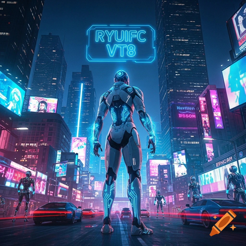 A large robot figure stands on a neon-lit futuristic city street at night, looking up at a glowing sign.