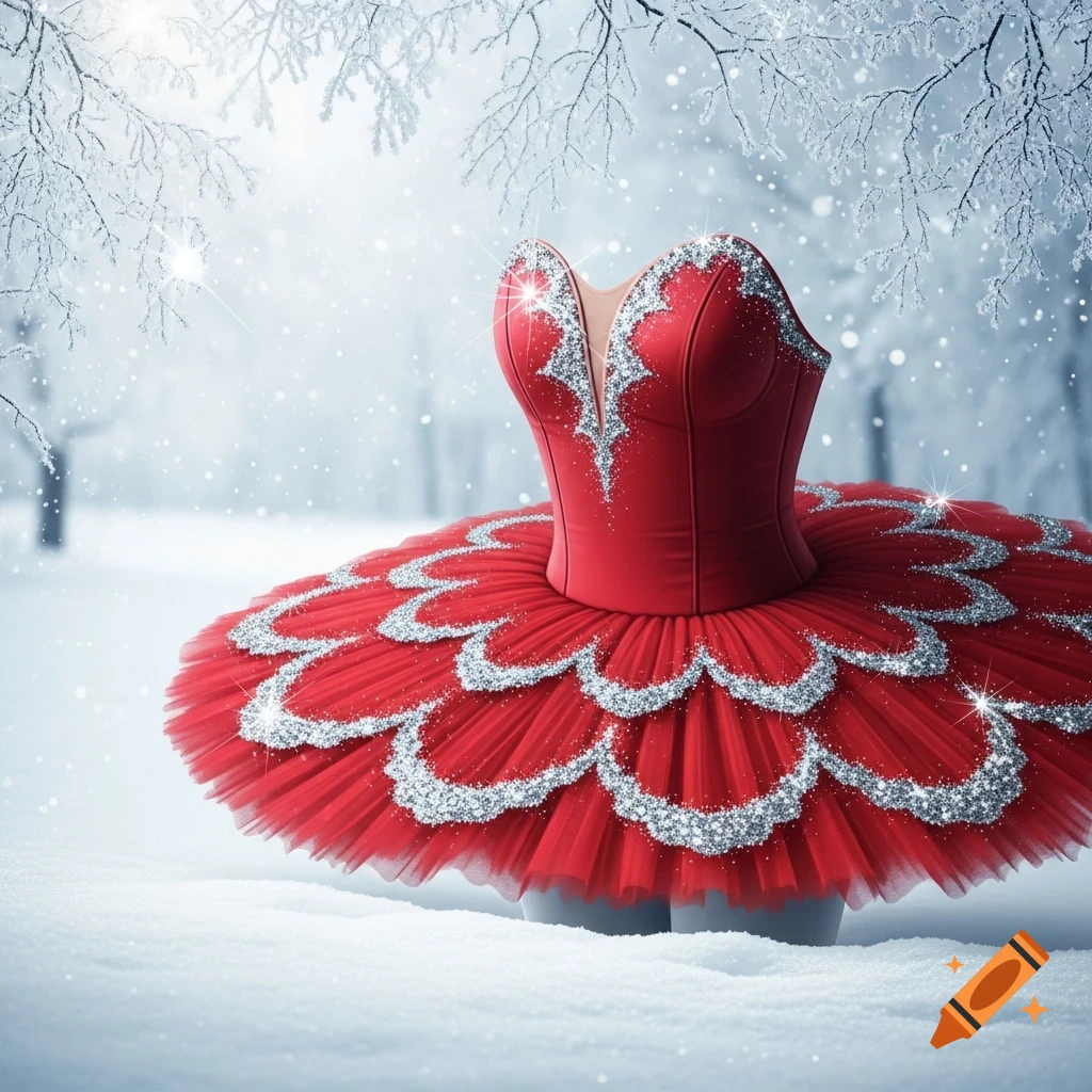 A vibrant red ballet tutu adorned with silver glitter, standing in a soft snowy landscape with frosted tree branches overhead.