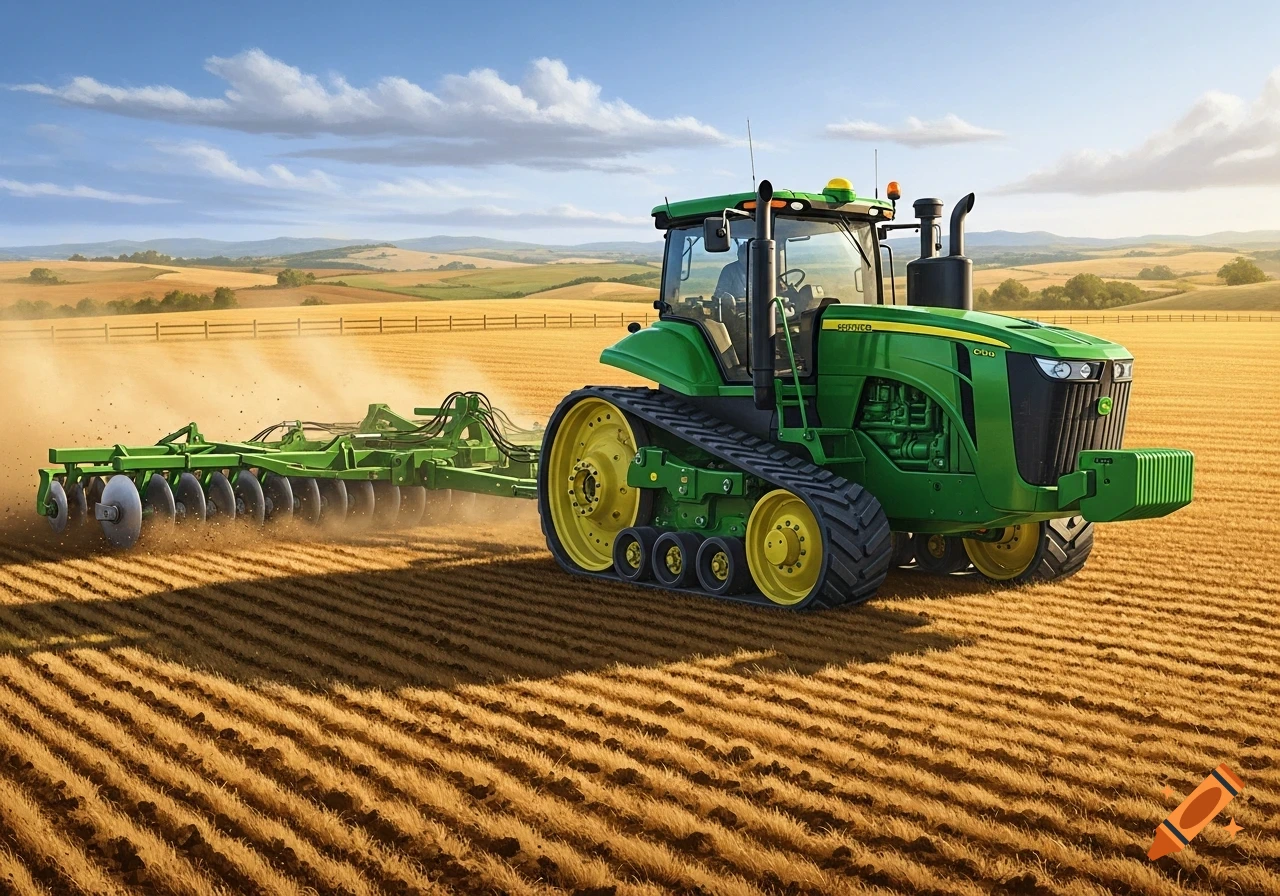 A green John Deere two-track tractor pulls a disc through a golden field under a blue sky.