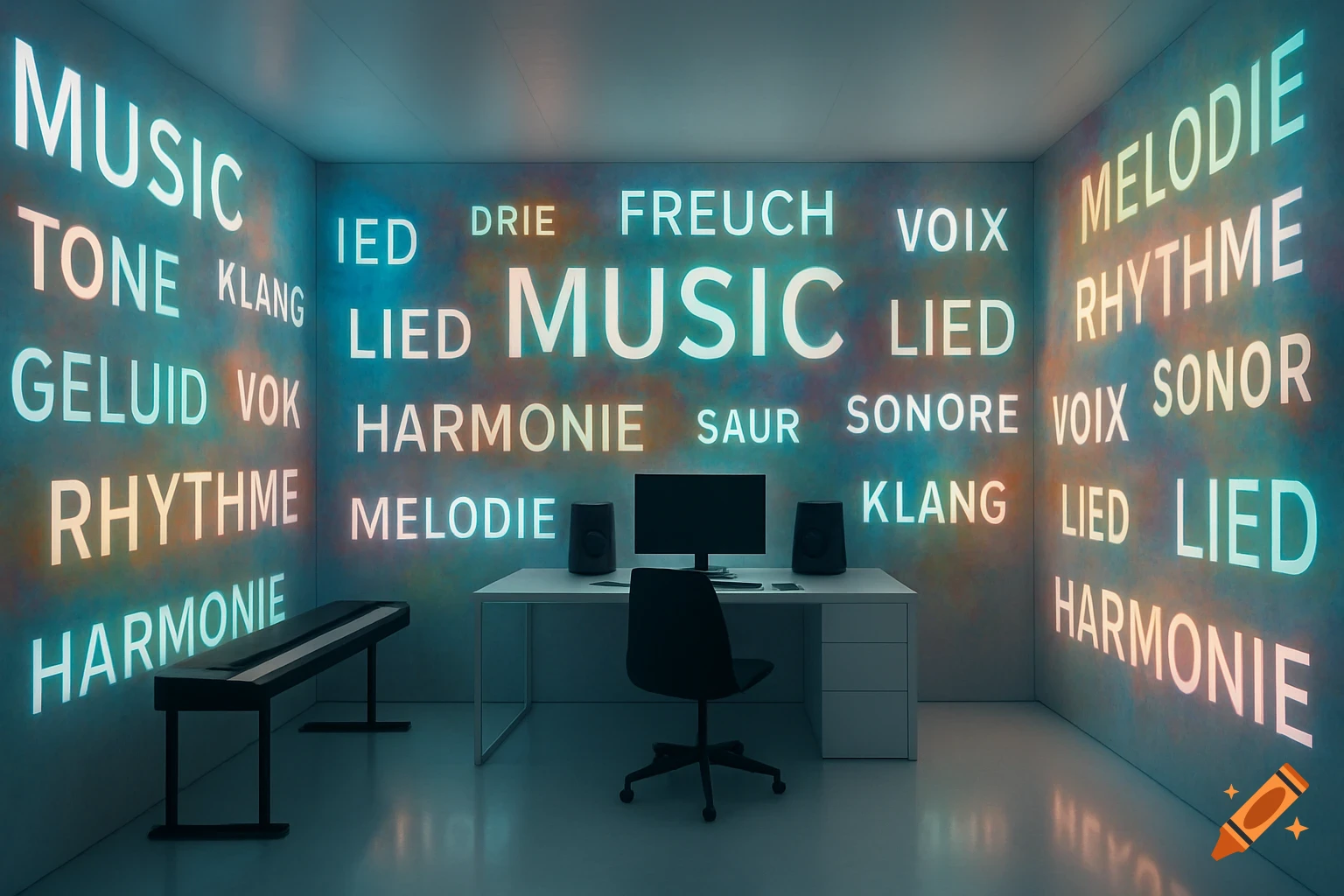A modern, spacy music studio room with glowing words like 'MUSIC', 'HARMONIE', and 'MELODIE' in various languages on the walls. A desk with a computer and speakers, and a piano bench are visible.