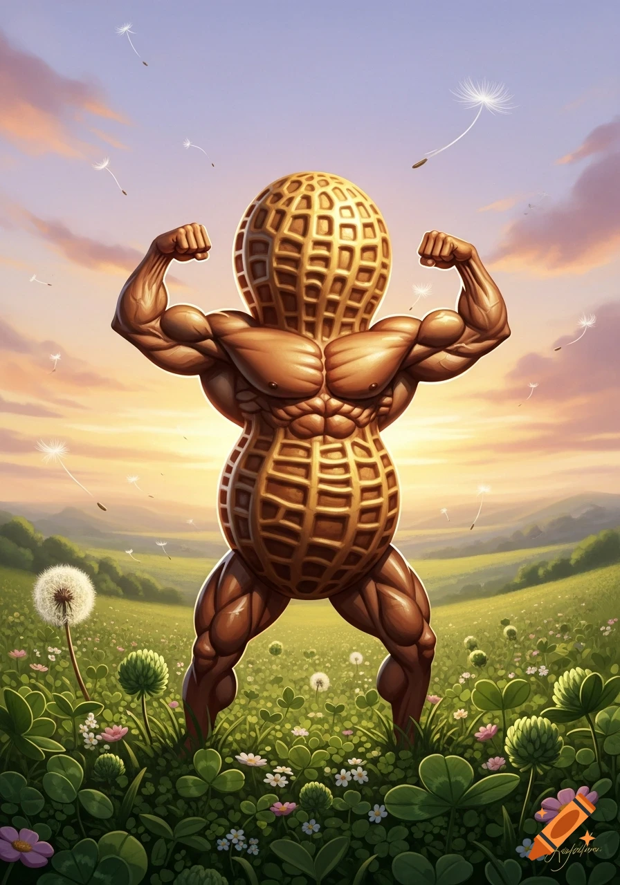 A muscular, anthropomorphic peanut stands in a vibrant green field under a colorful sky, flexing its biceps.