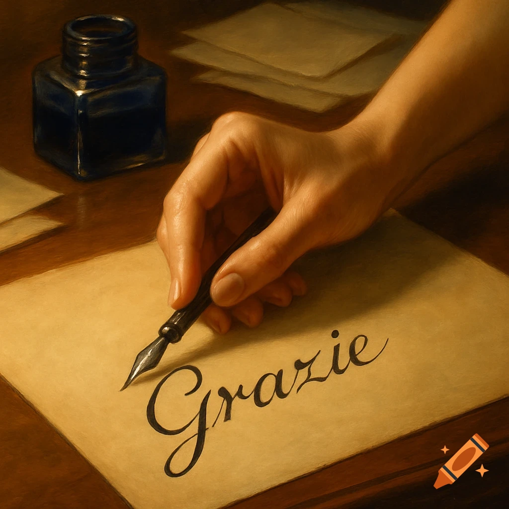 A hand writes 'Grazie' in elegant cursive script with an ink pen on aged paper, next to a blue inkwell, in a painterly style.
