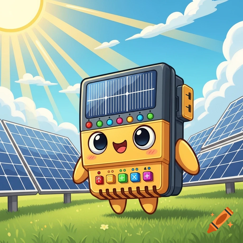A whimsical cartoon solar charge controller character with a friendly face, big eyes, and colorful buttons, stands in a grassy field with solar panels under a bright sun.