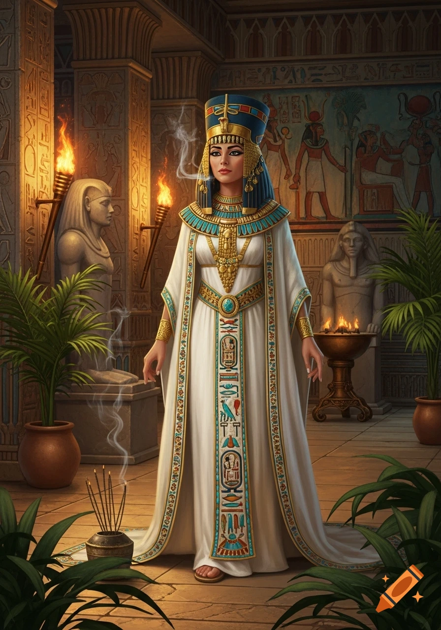 Regal Egyptian princess in a white and gold gown and headdress stands in a torchlit temple adorned with hieroglyphs.