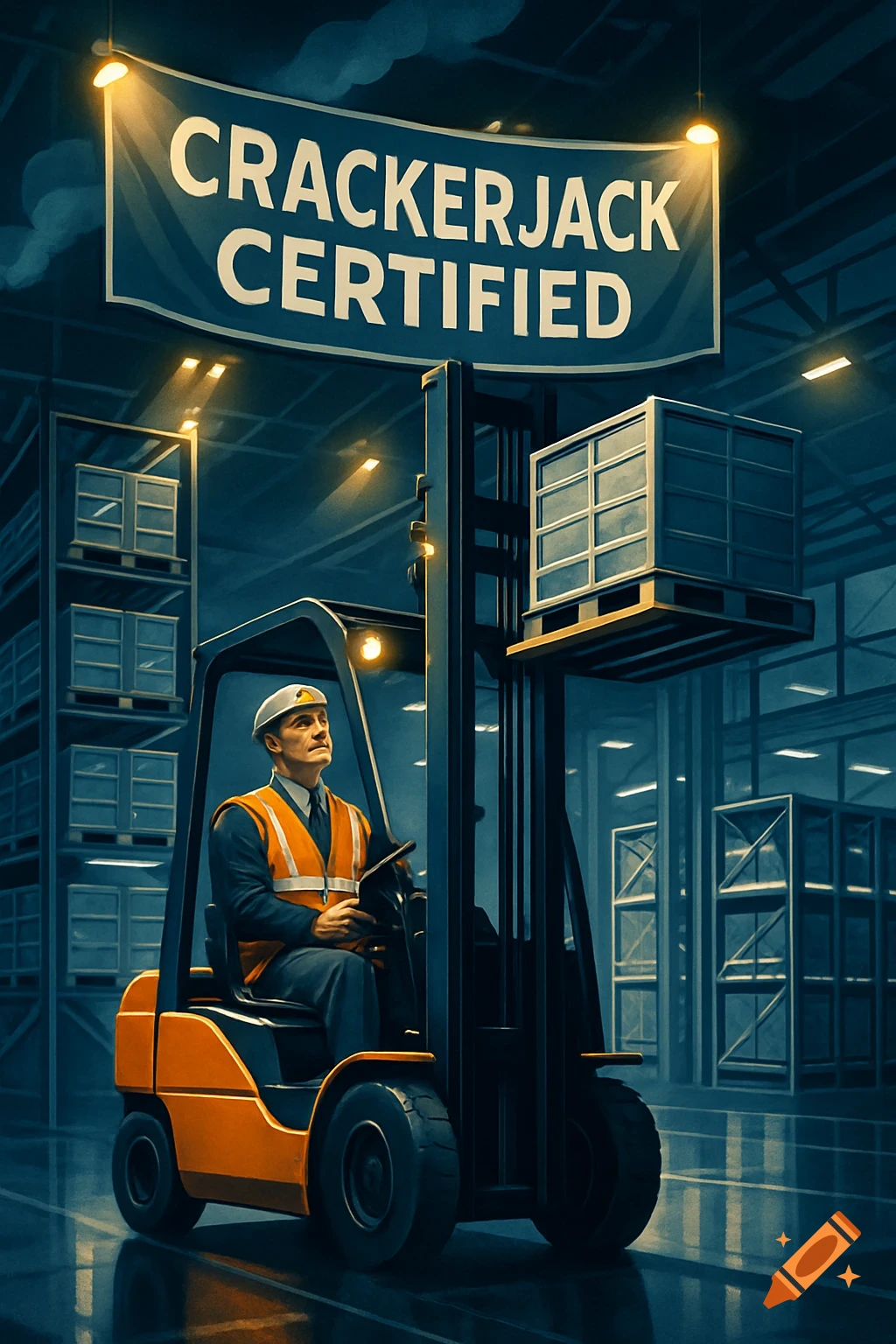 A man in a hard hat and safety vest operates an orange forklift in a warehouse, lifting a crate. A banner reads "CRACKERJACK CERTIFIED".