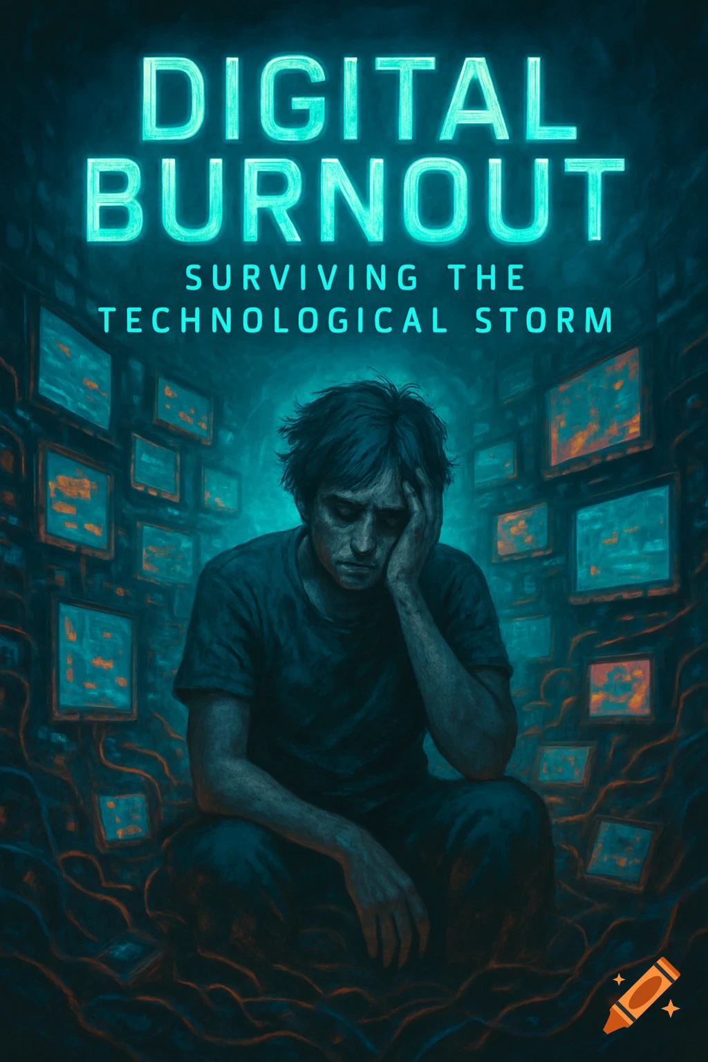 A distressed person sits amidst glowing screens and wires, with the text 'DIGITAL BURNOUT' above them.