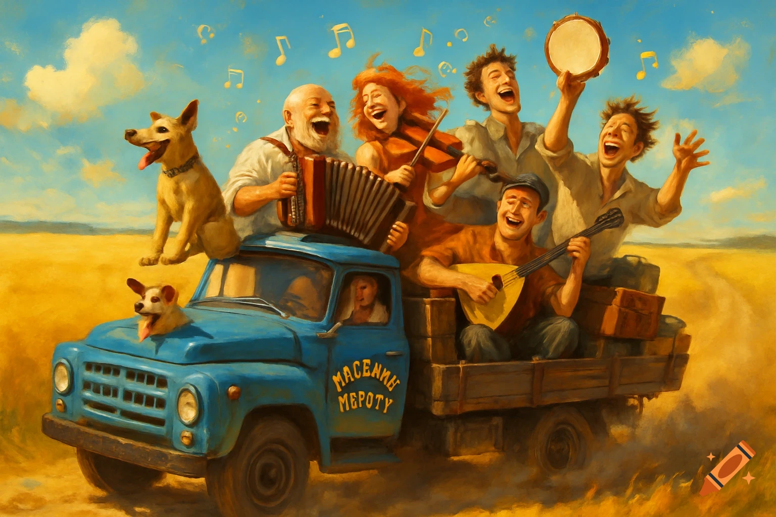 A joyful folk band with two dogs rides a blue truck through a golden field, with musical notes floating in the air.