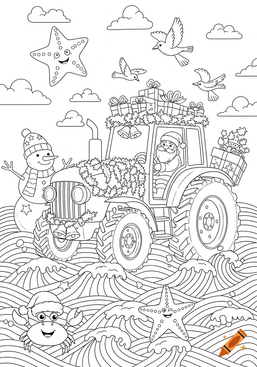 A black and white Christmas coloring page featuring Santa driving a decorated tractor, a snowman, gifts, starfish, a crab, and seagulls.