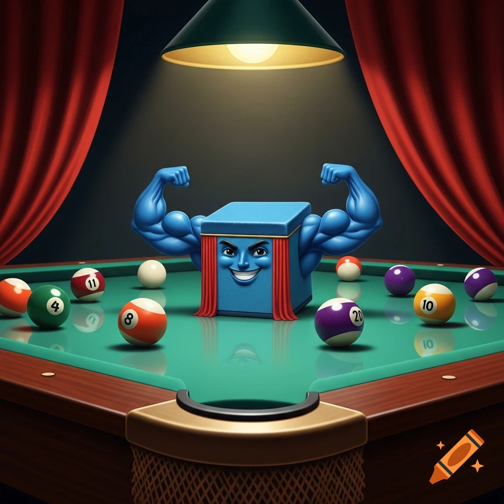 A muscular, smiling blue billiard chalk character stands on a pool table surrounded by numbered balls, under a bright lamp.