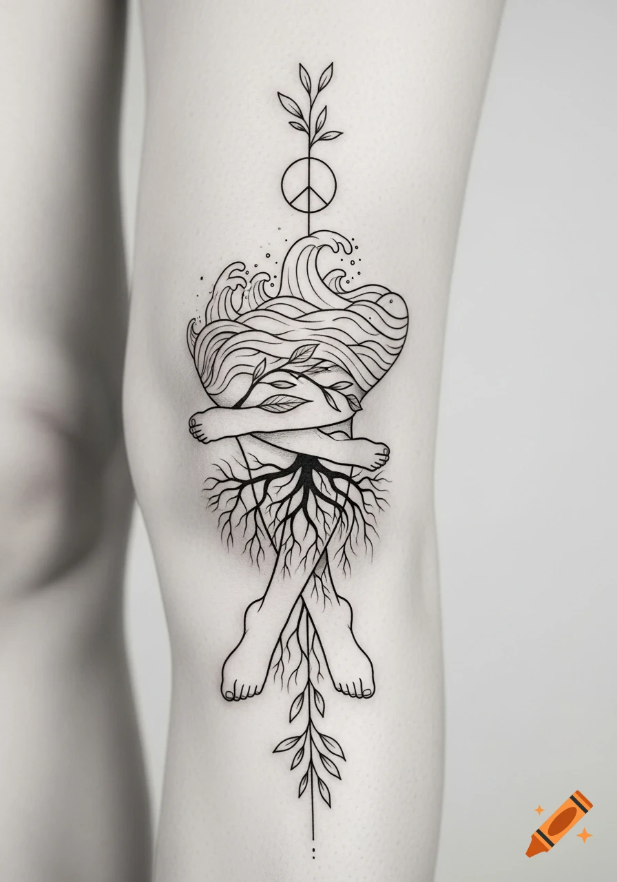 Minimalist black and white line art tattoo on a leg, featuring human legs, intertwined tree roots, waves, leaves, and a peace symbol.