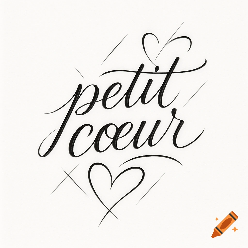 Black calligraphic text 'petit coeur' with decorative lines and a heart symbol on a white background.