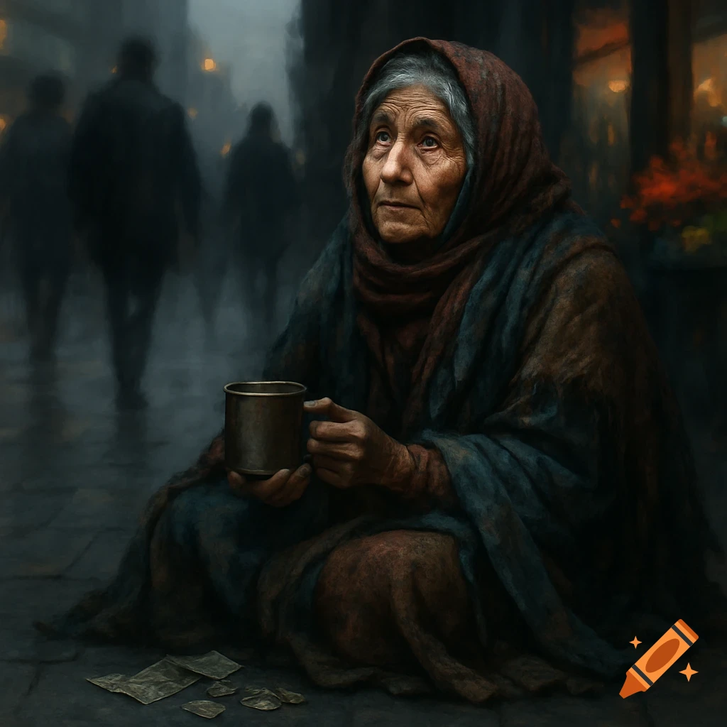 An elderly woman with a headscarf sits on a dark, misty street, holding a metal cup and looking upwards, with blurred figures in the background. Photorealistic style.