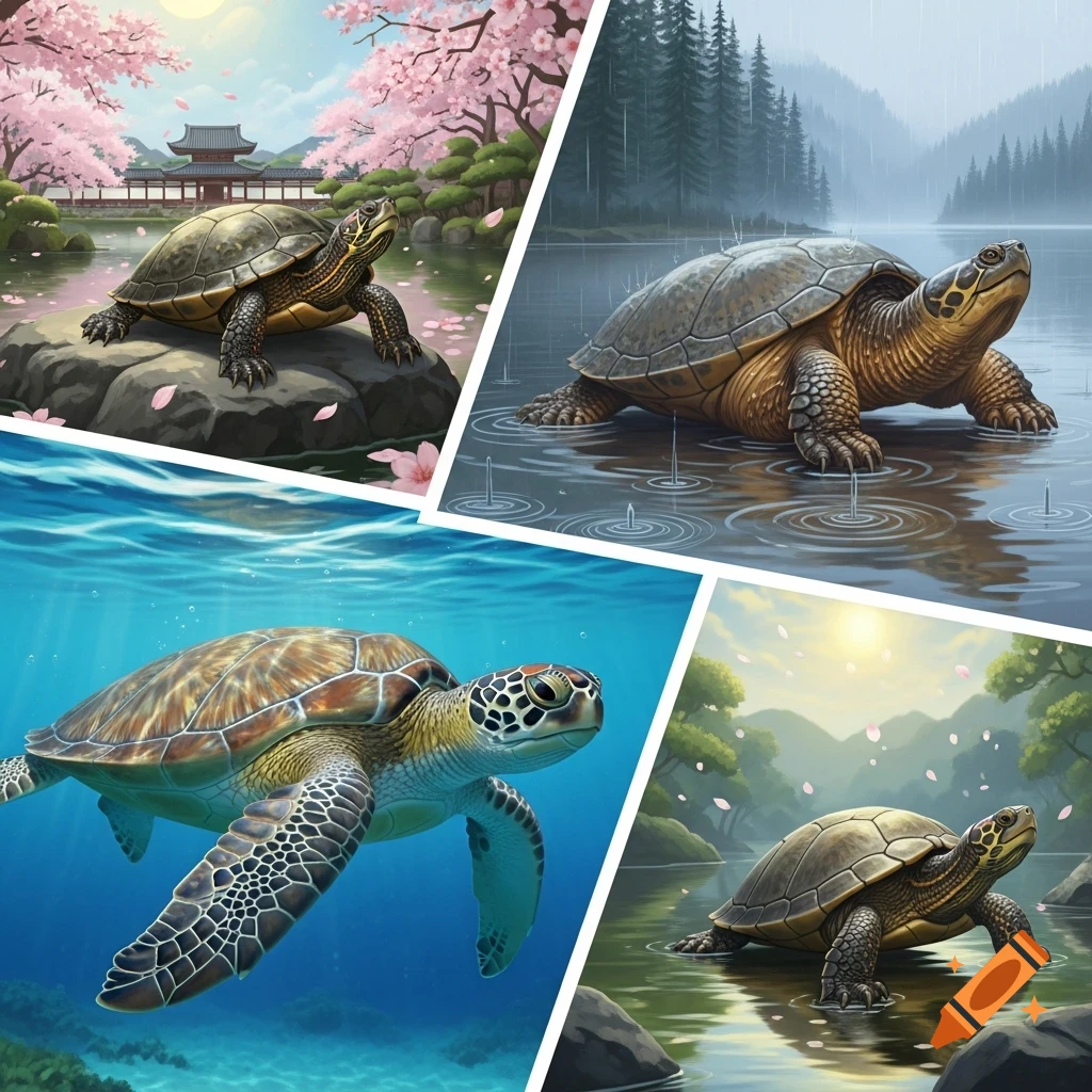 Four digital art images of turtles: one on a rock by a pagoda and cherry blossoms, one in a rainy lake, one swimming underwater, and one in a sunny lake with falling petals.