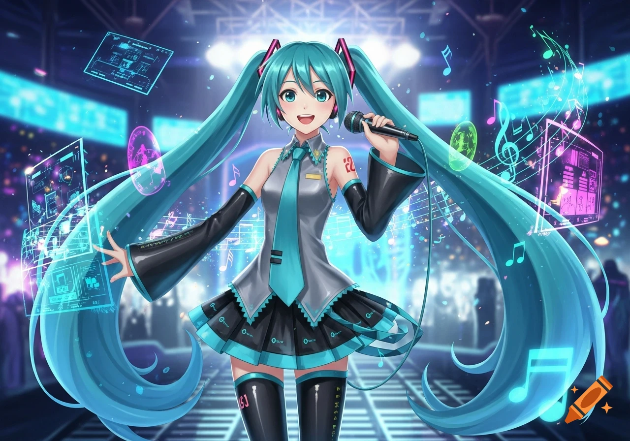 Hatsune Miku, an anime character, sings into a microphone on a vibrant stage with holographic musical notes and screens.