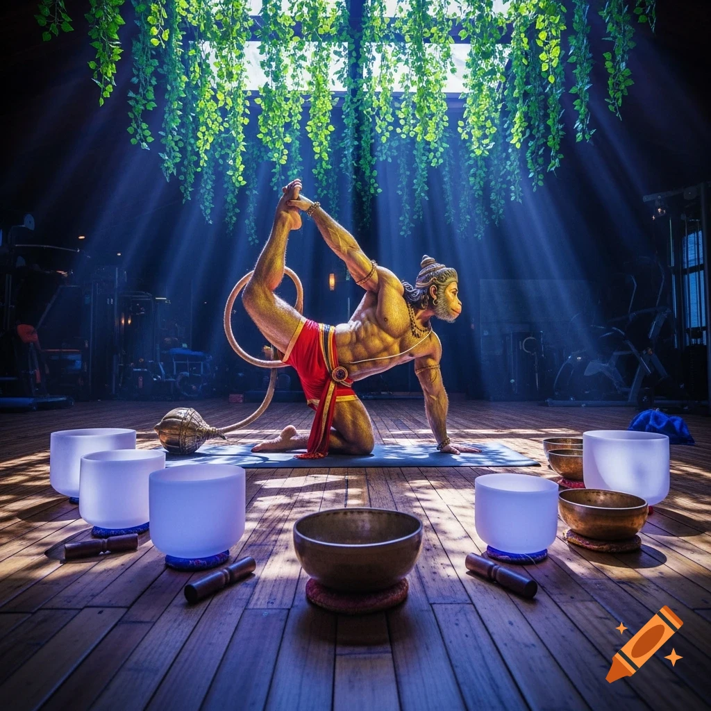 Hanuman performs a dynamic yoga pose in a dramatically lit gym, surrounded by crystal and singing bowls. Photorealistic.