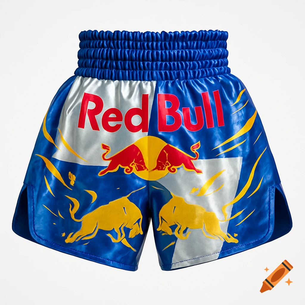 Blue Red Bull branded Muay Thai shorts with the logo and text, featuring a shiny satin finish.