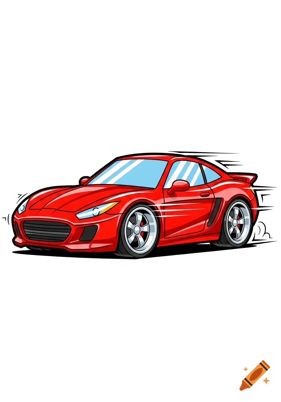 A red cartoon sports car with speed lines on a white background.