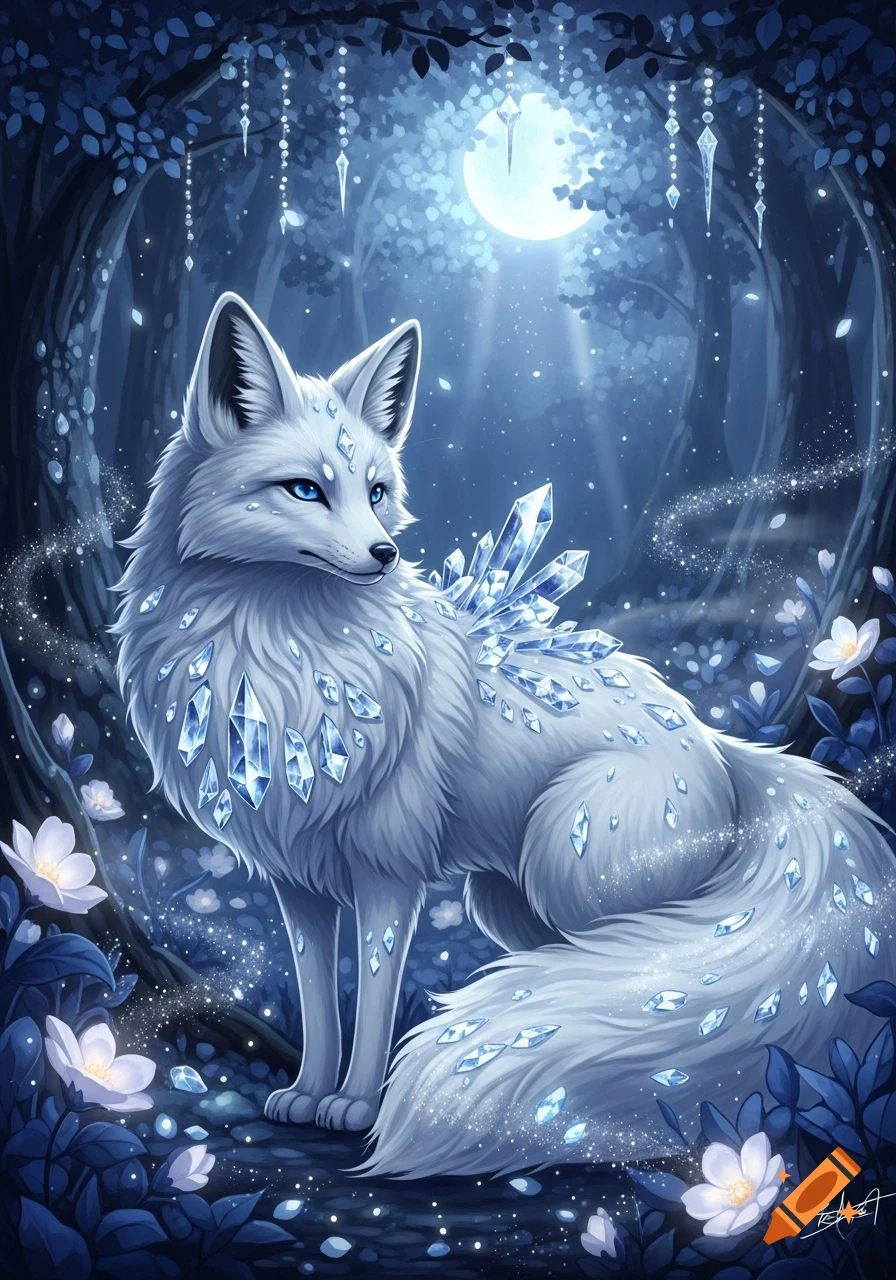 Anime illustration of a majestic white fox adorned with blue crystals, sitting in a magical, moonlit forest.