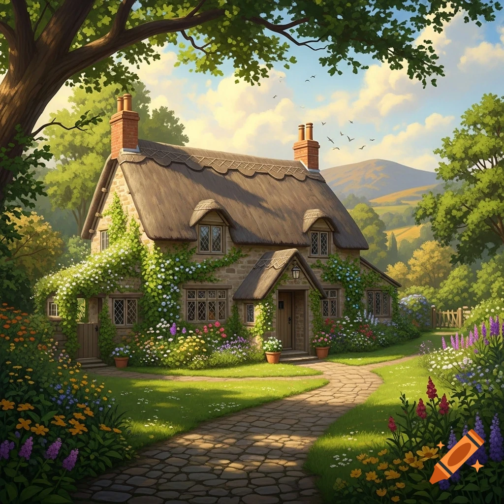 Charming stone cottage with a thatched roof and climbing flowers, surrounded by a vibrant garden, trees, and a stone path under a bright sky.