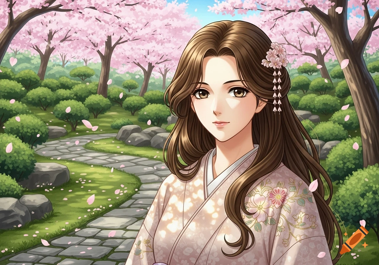 An anime woman with long brown hair and a floral hairpin, wearing a light-colored kimono, stands in a cherry blossom garden.