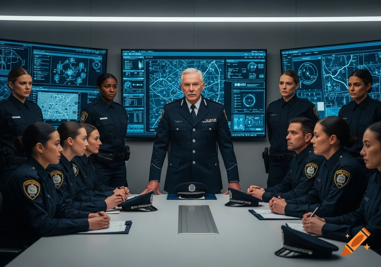 A photorealistic image of a police commissioner addressing a diverse group of police officers in a modern command center with multiple glowing screens.