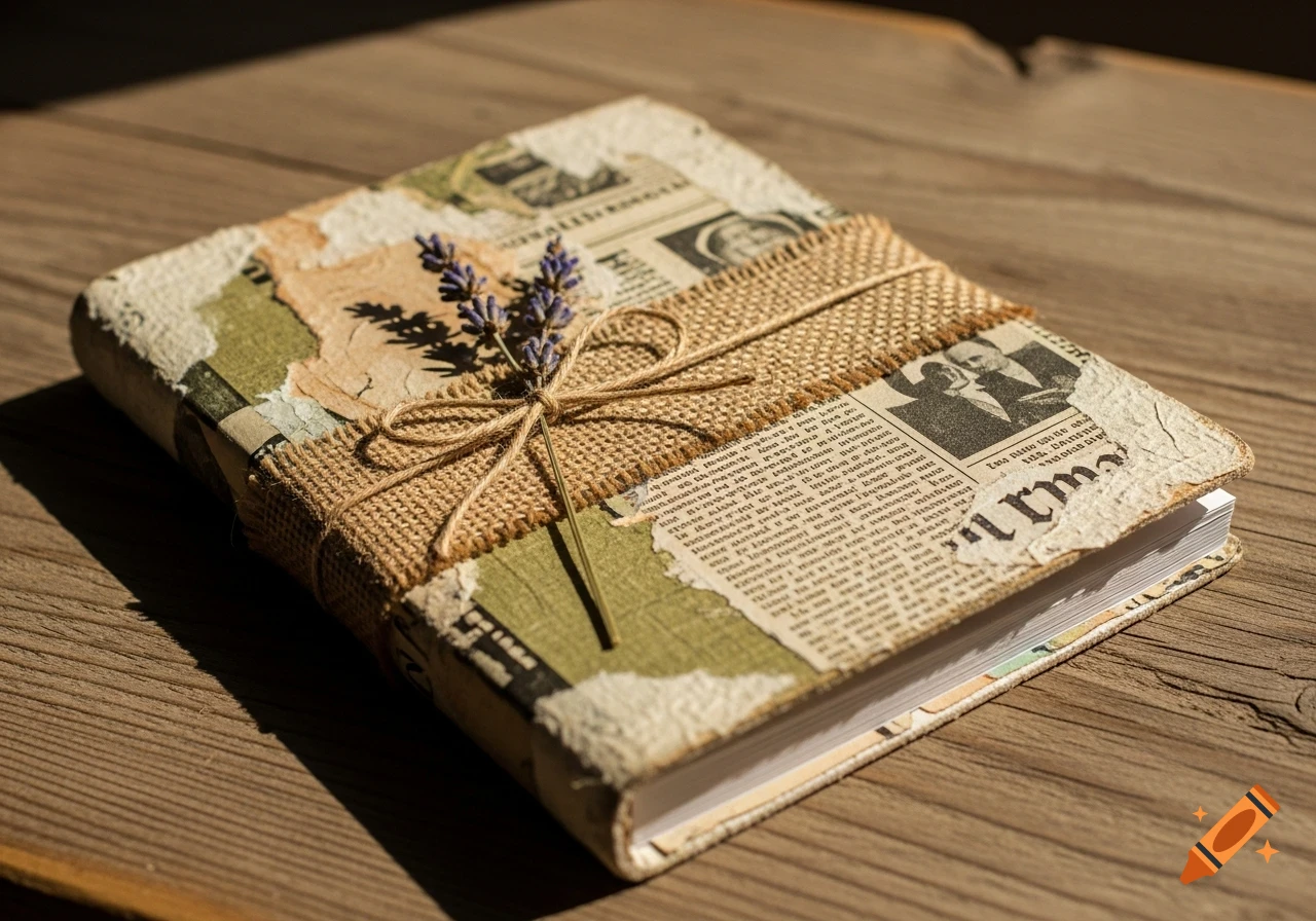 Rustic Notebook Page A rustic notebook with a collage cover of torn paper, burlap, and a ...