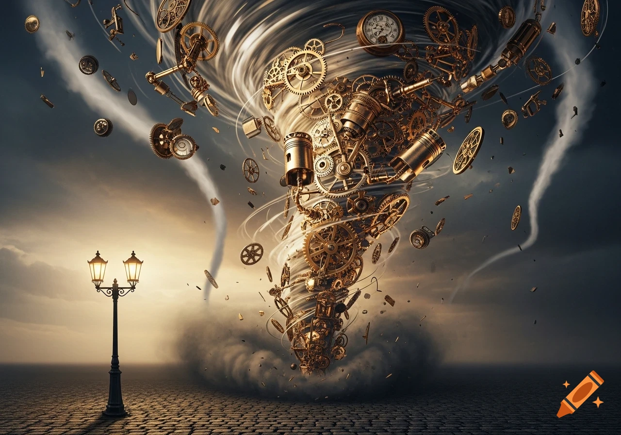 A steampunk tornado composed of golden gears, pistons, and clock parts spirals over a cobblestone ground with a glowing street lamp.