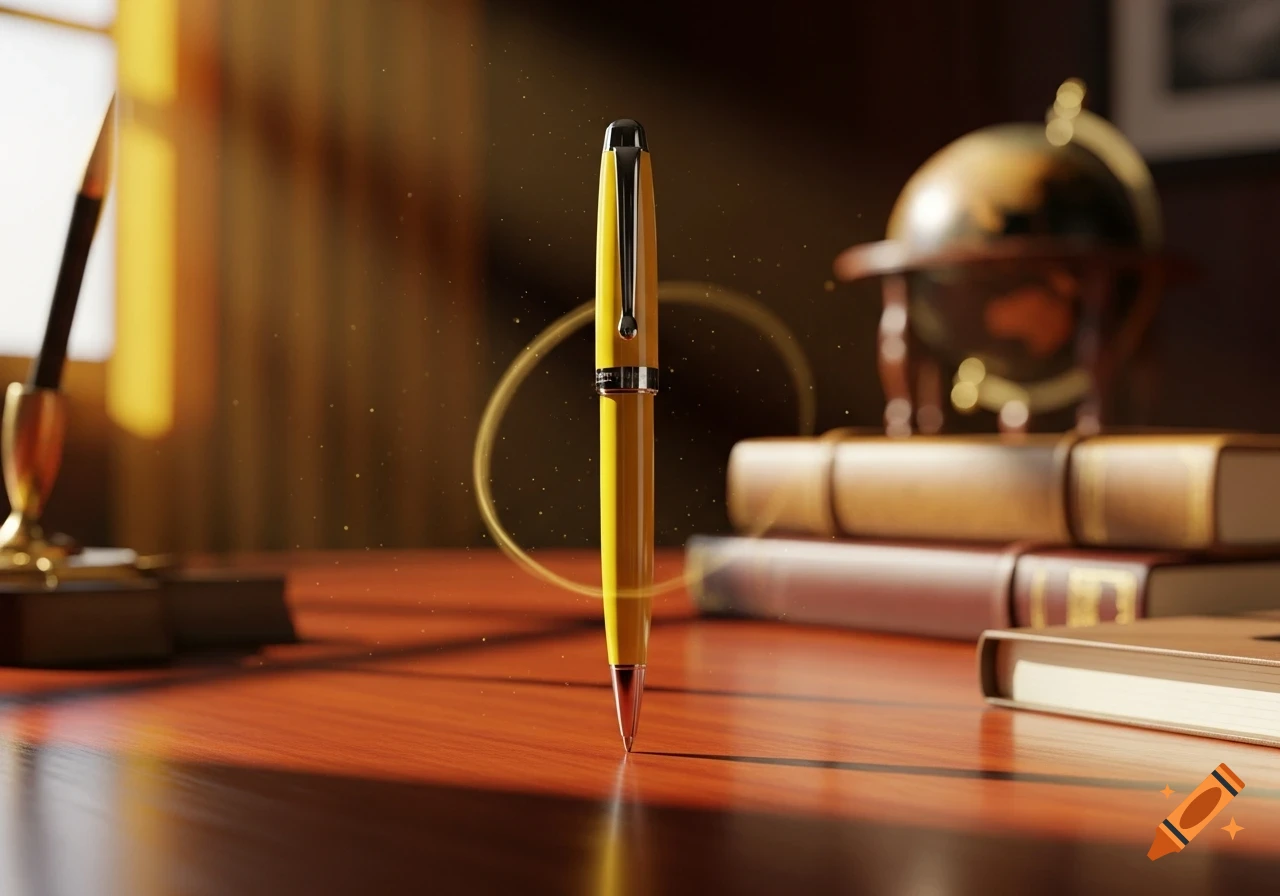 A vibrant yellow pen stands upright on a polished wooden desk, with blurred books, an inkwell, and a globe in the background, illuminated by sunlight.