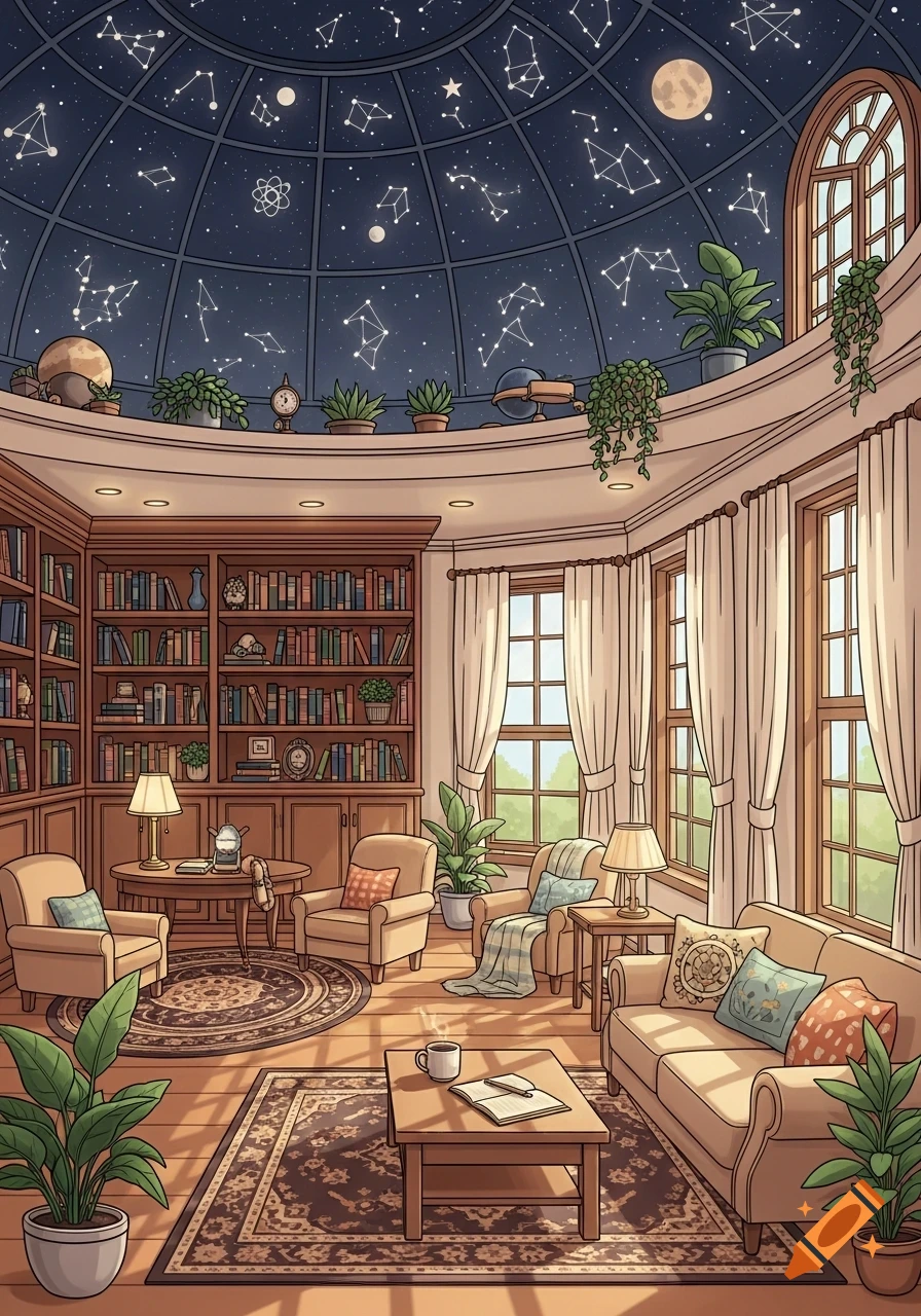 A cozy library room with bookshelves, a reading nook, and a glass dome ceiling showcasing constellations and a full moon.