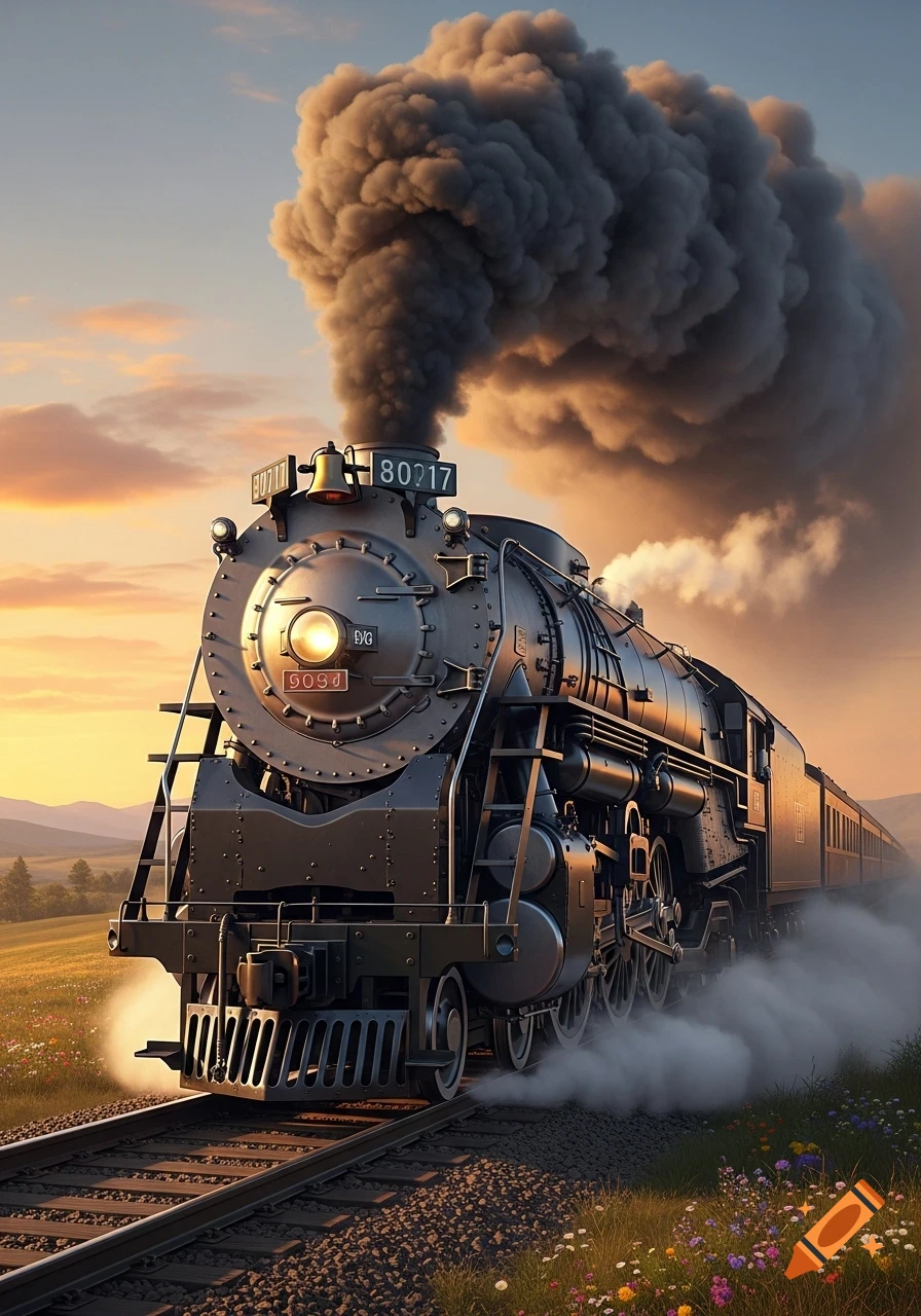 A majestic black steam locomotive billows thick smoke into a warm sunset sky as it travels through a vibrant field of wildflowers.