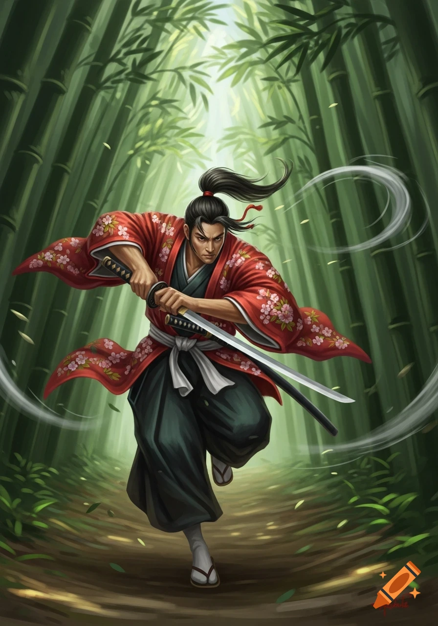 A male samurai with a topknot in a red kimono draws his katana while running through a lush bamboo forest, illustrated.