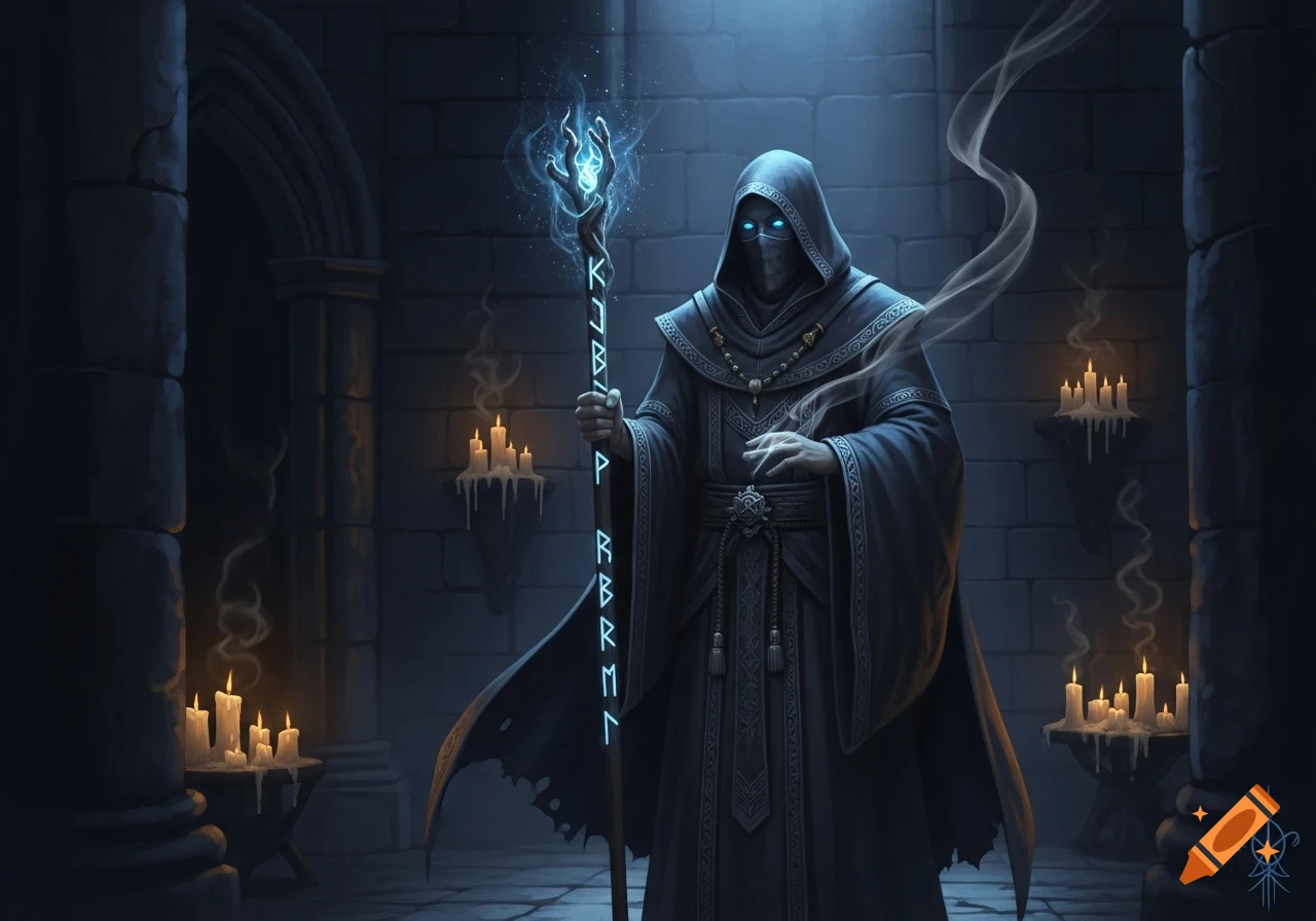 A cloaked mystical figure with glowing blue eyes and a runic staff stands in a dark, candlelit stone chamber.
