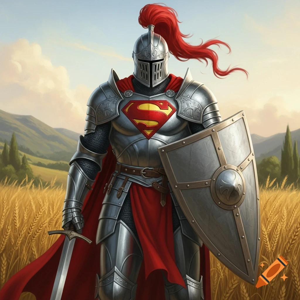 A knight in full silver armor with a red cape and a red Superman symbol ...