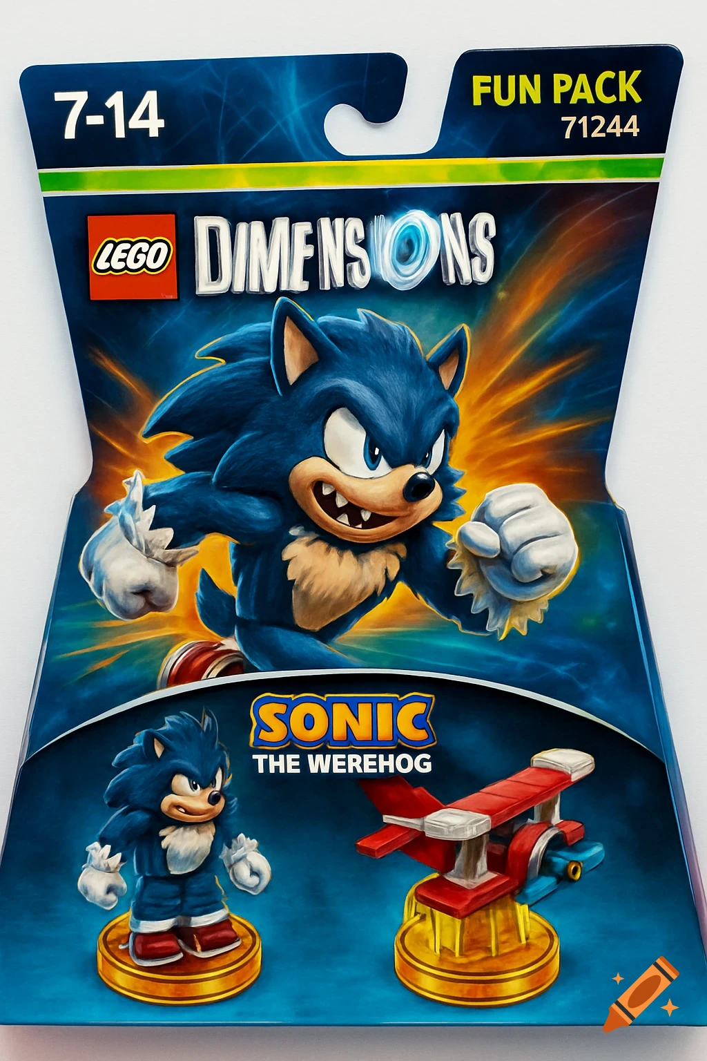 A LEGO Dimensions Fun Pack featuring Sonic the Werehog, showing the character illustration, a minifigure, and a vehicle on the packaging.