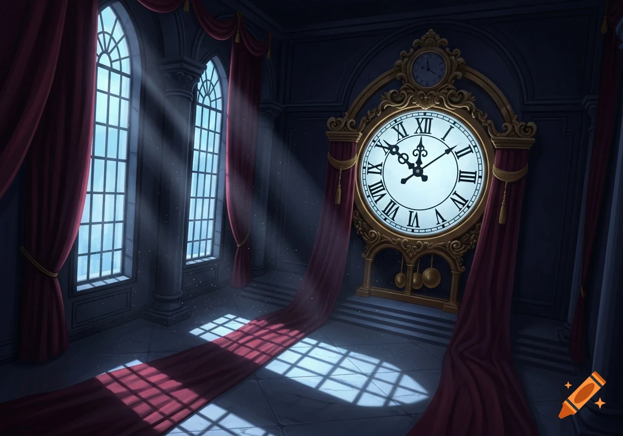 An ornate grandfather clock stands in a dimly lit grand room with arched windows and long red curtains, illuminated by moonlight.