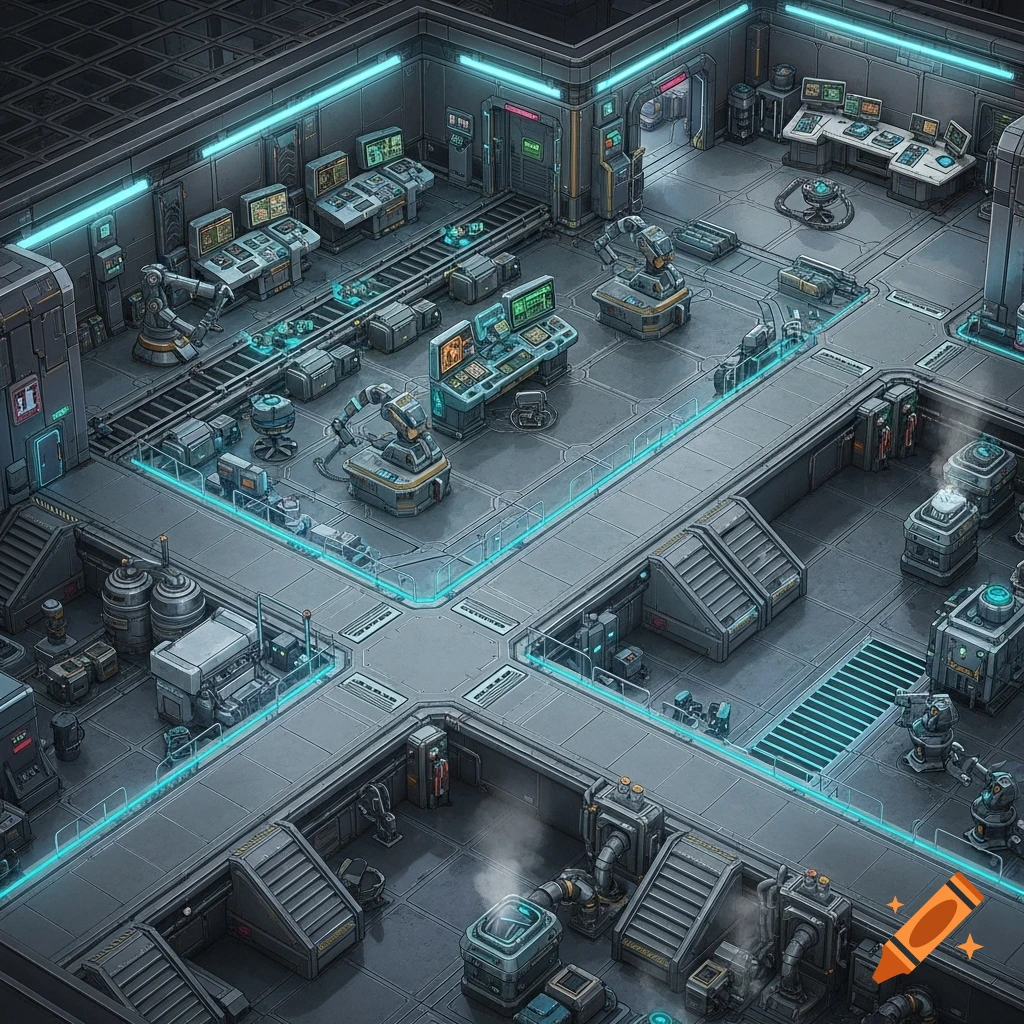 Top-down isometric view of a sci-fi factory with machines, conveyor belts, control panels, and glowing blue floor lines.