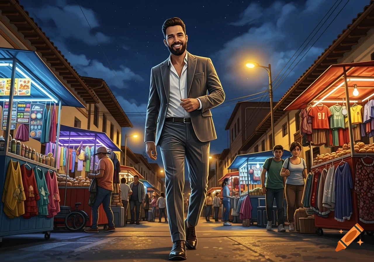 A smiling man in a suit walks confidently down a bustling street market at night, illuminated by streetlights and neon signs.