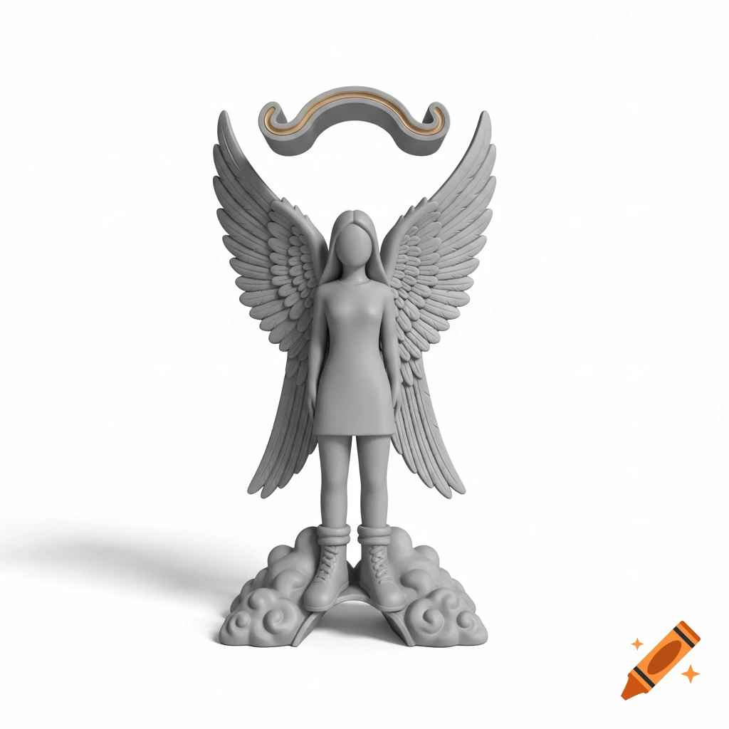 Minimalist grey angel sculpture headphone stand with wings, standing on cloud bases, white background.