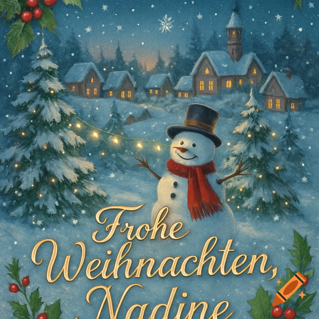 An illustrated Christmas card showing a smiling snowman in a snowy village with lights and 'Frohe Weihnachten, Nadine' text.