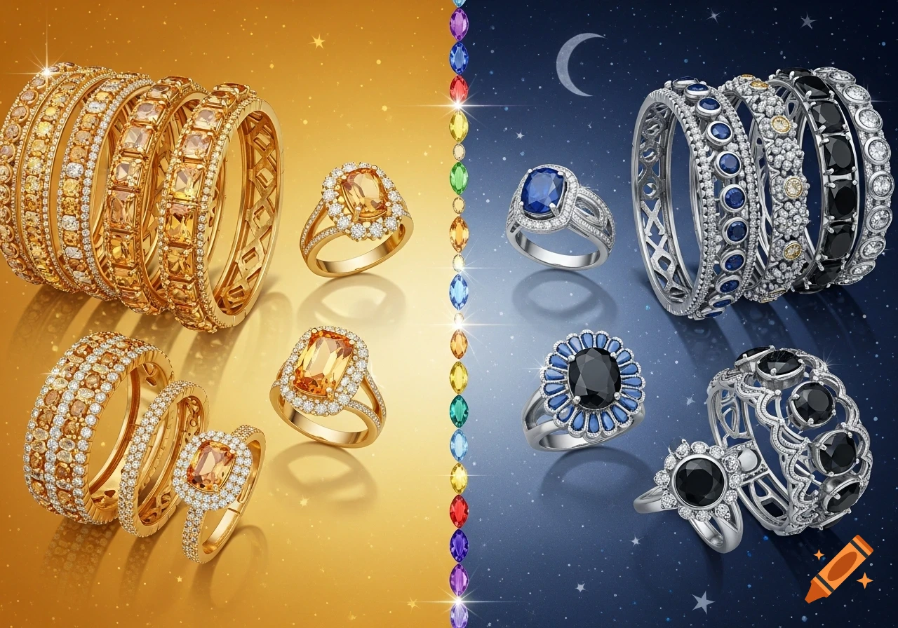 Gold and silver jewelry on a split day-night background, featuring amber, blue, black, and white gemstones.