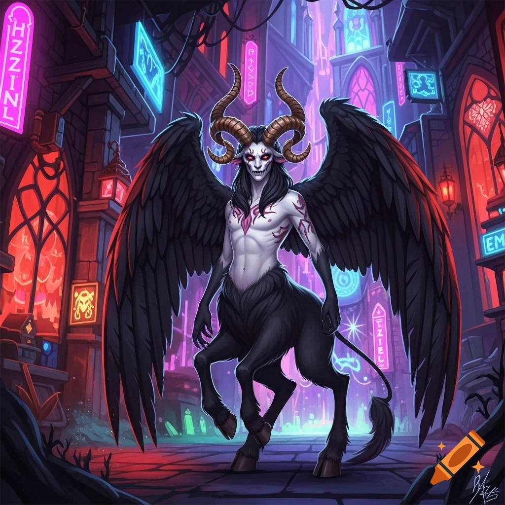 A winged satyr-like demon with spiral horns and pale skin stands in a vibrant neon-lit gothic city street in a Hazbin Hotel-like animated style.