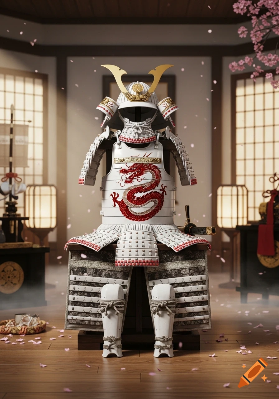 White samurai armor with a red dragon design on the chest, displayed in a traditional Japanese room with cherry blossoms.