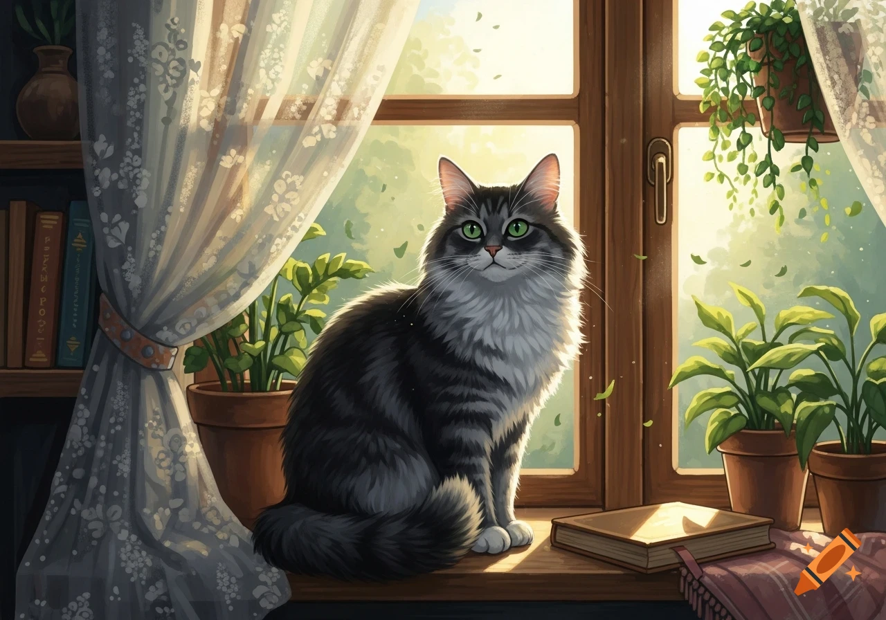 A fluffy gray and white cat with green eyes sits on a sunny windowsill, surrounded by potted plants, lace curtains, and books.