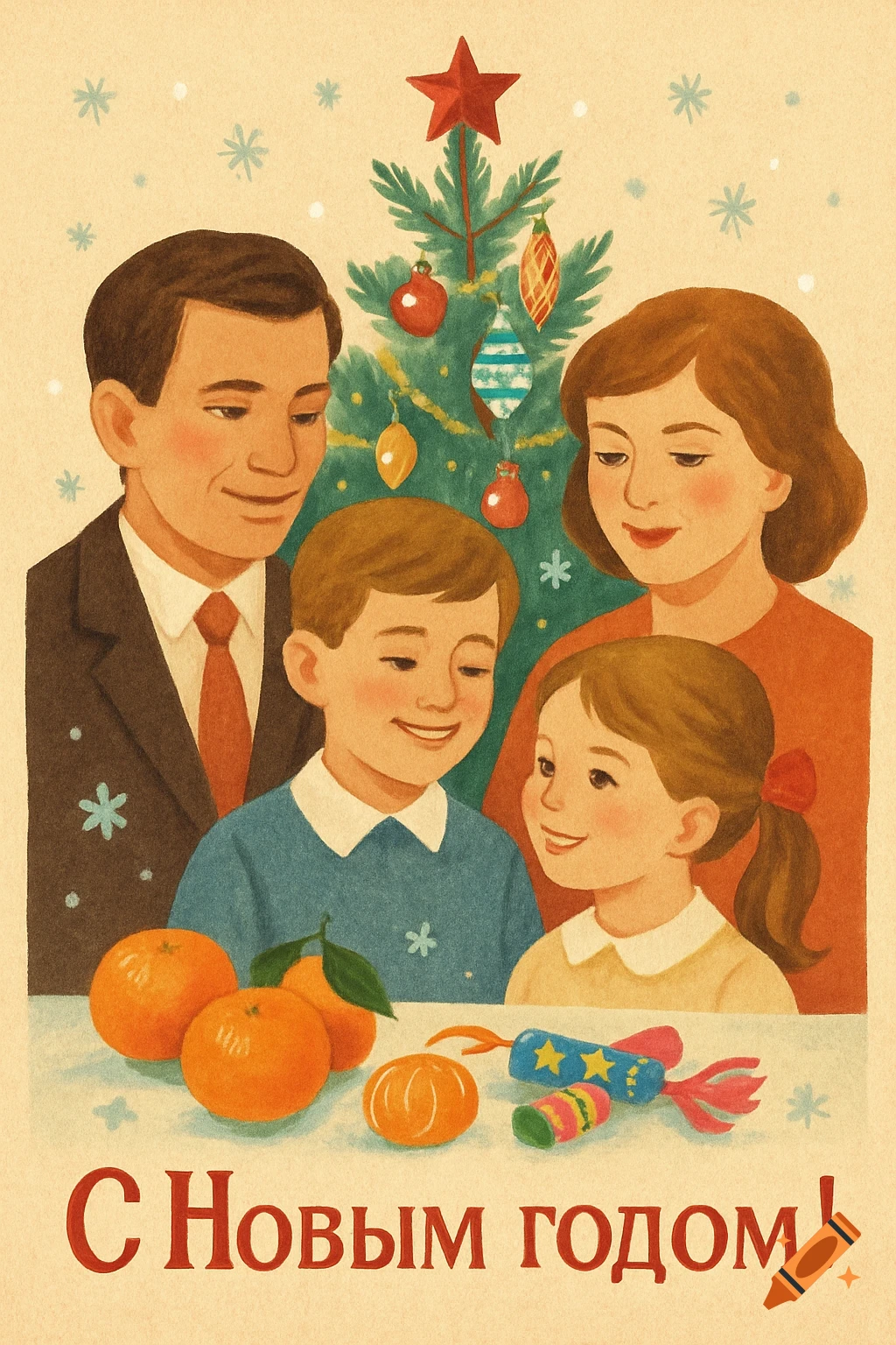 Vintage Soviet New Year postcard illustration of a family of four by a Christmas tree, with mandarins and text "С Новым годом!".