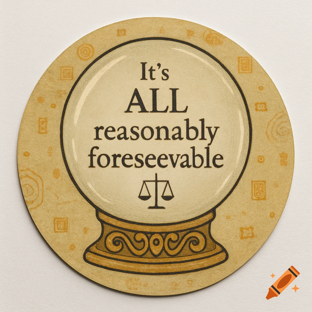 Round sticker featuring a crystal ball with the text "It's ALL reasonably foreseeable" and scales of justice on a patterned beige background.