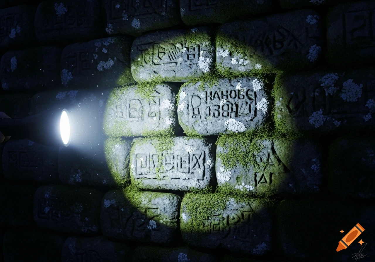 A close-up of an old, moss-covered stone wall with carved ancient symbols and text, illuminated by a bright flashlight beam in a dark setting.