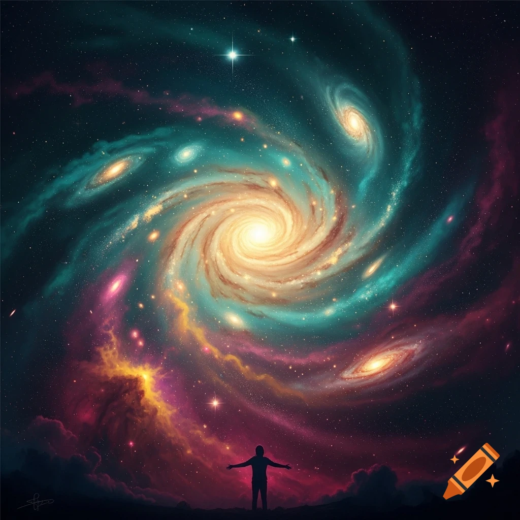 A silhouetted figure stands on a dark horizon beneath a vibrant, swirling spiral galaxy and colorful cosmic nebulae.
